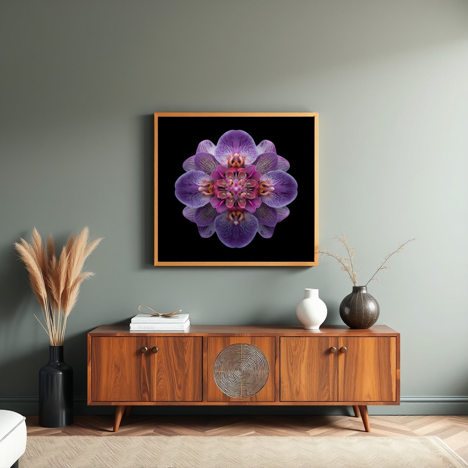Vibrant Purple Orchid print – bold mirrored orchid petals in purple hues, striking decor in living room