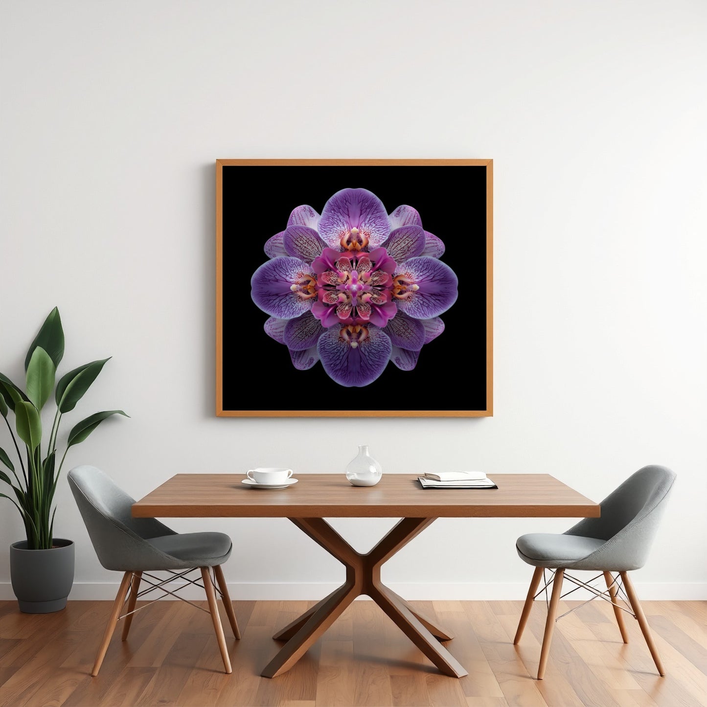 Vibrant Purple Orchid print – bold mirrored orchid petals in purple hues, striking decor in minimalist dining