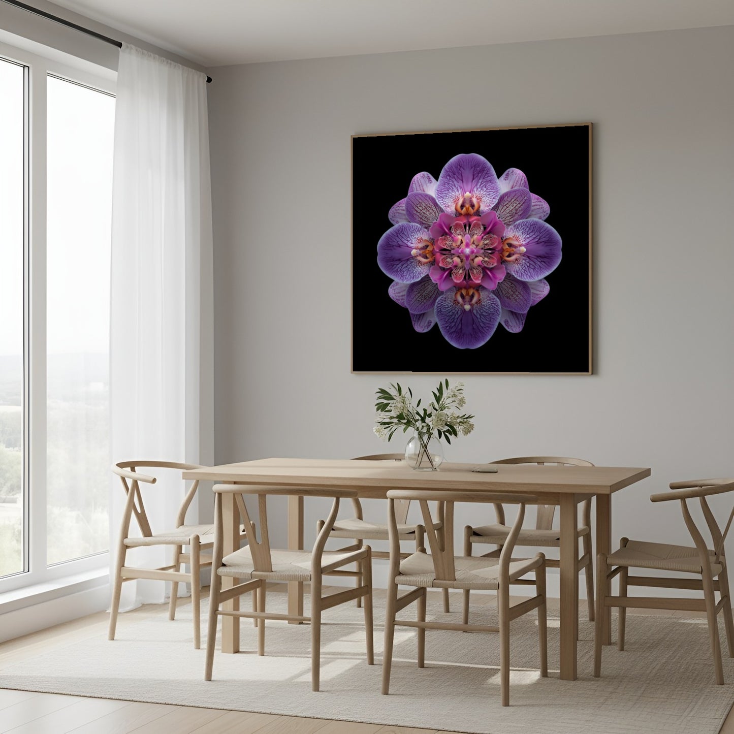 Vibrant Purple Orchid print – bold mirrored orchid petals in purple hues, striking decor in Scandinavian dining