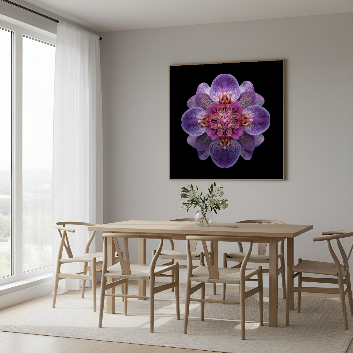 Vibrant Purple Orchid print – bold mirrored orchid petals in purple hues, striking decor in Scandinavian dining