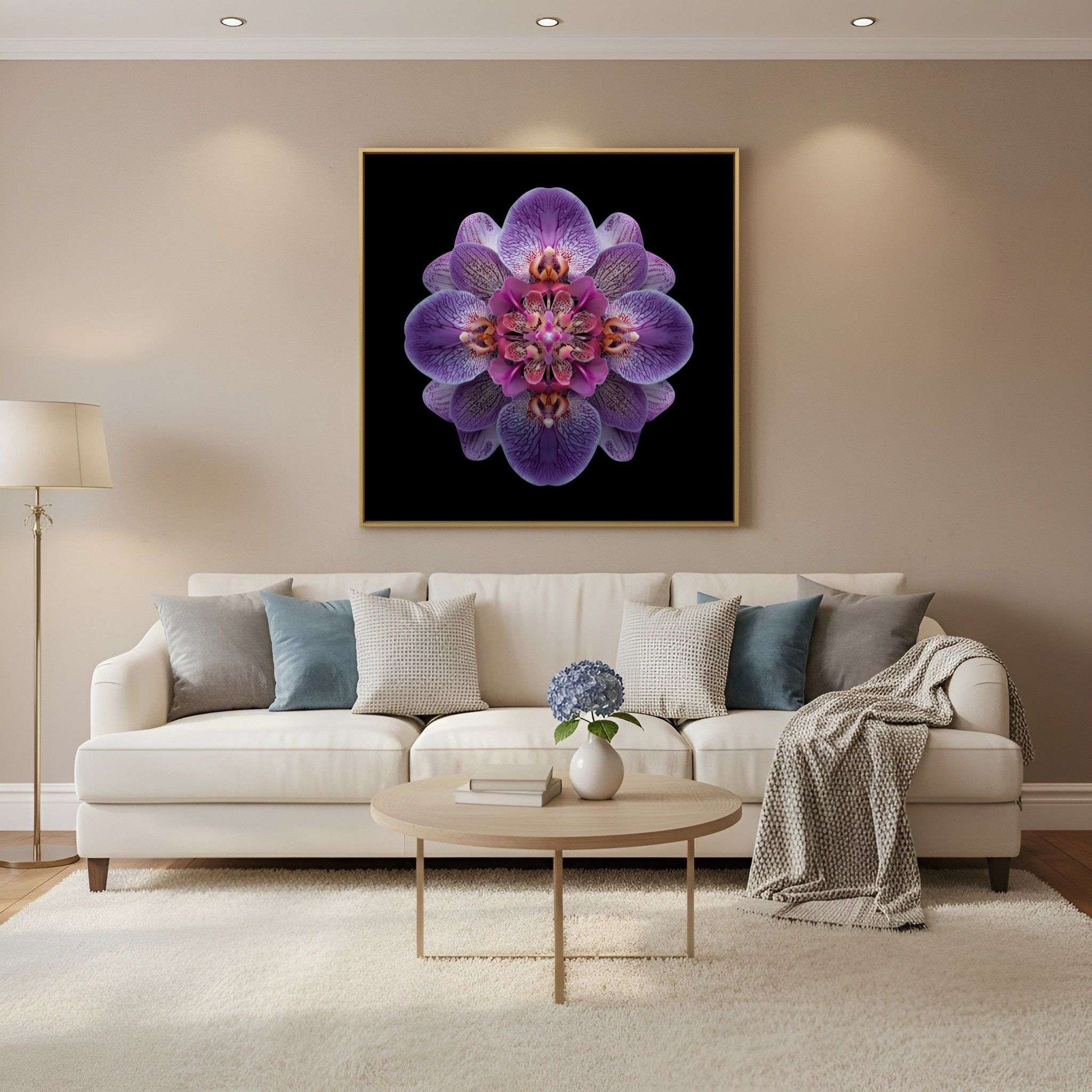 Vibrant Purple Orchid print – bold mirrored orchid petals in purple hues, striking decor in Scandinavian living