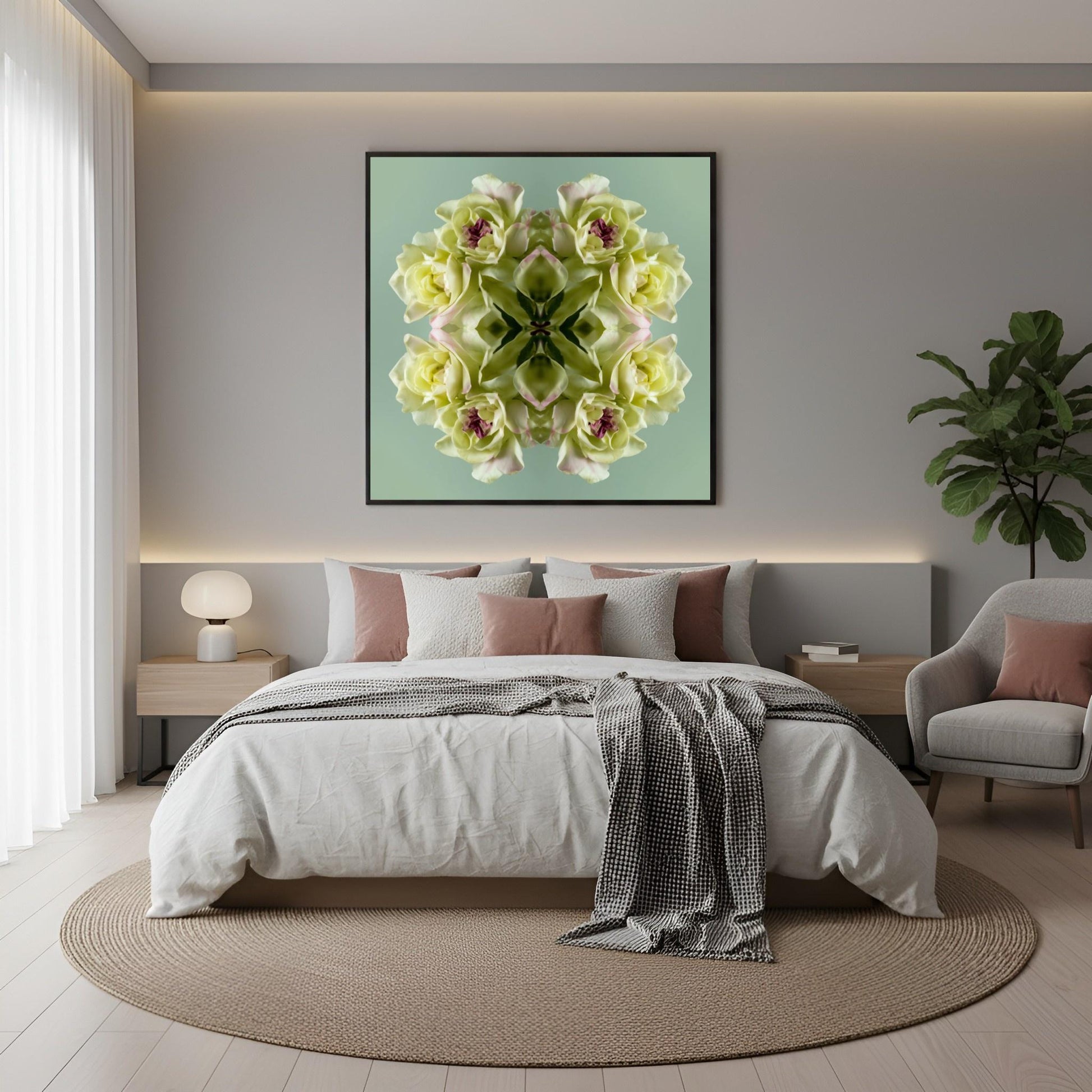 Green Floral Harmony print – pastel green blooms in kaleidoscopic design, refreshing wall art in boho bedroom
