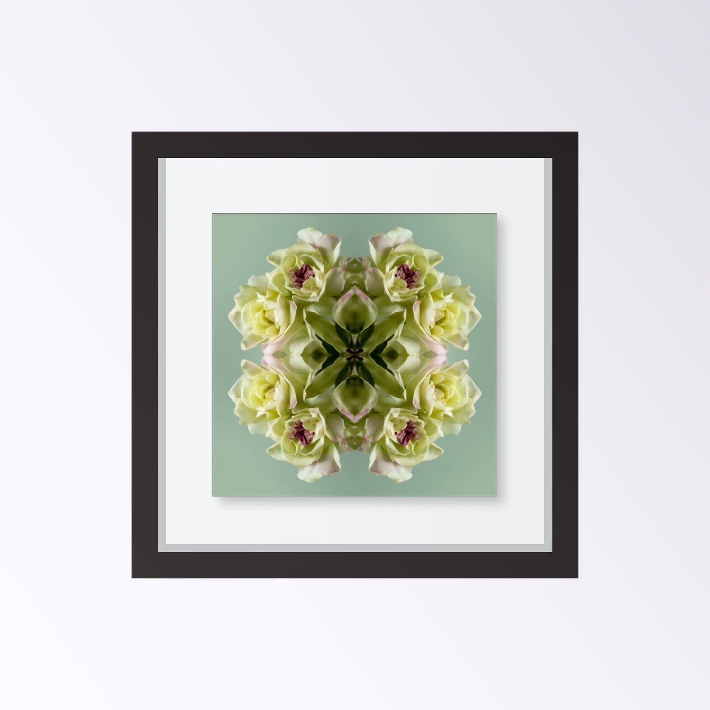 Green Floral Harmony print – pastel green blooms in kaleidoscopic design, refreshing wall art framed black