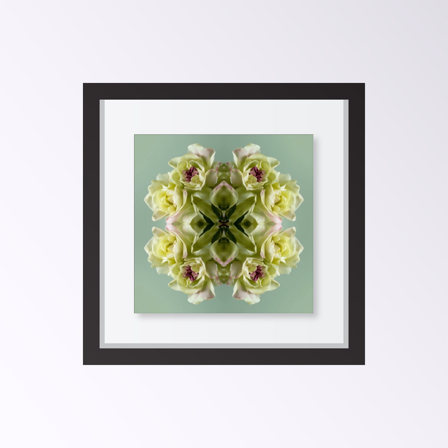 Green Floral Harmony print – pastel green blooms in kaleidoscopic design, refreshing wall art framed black