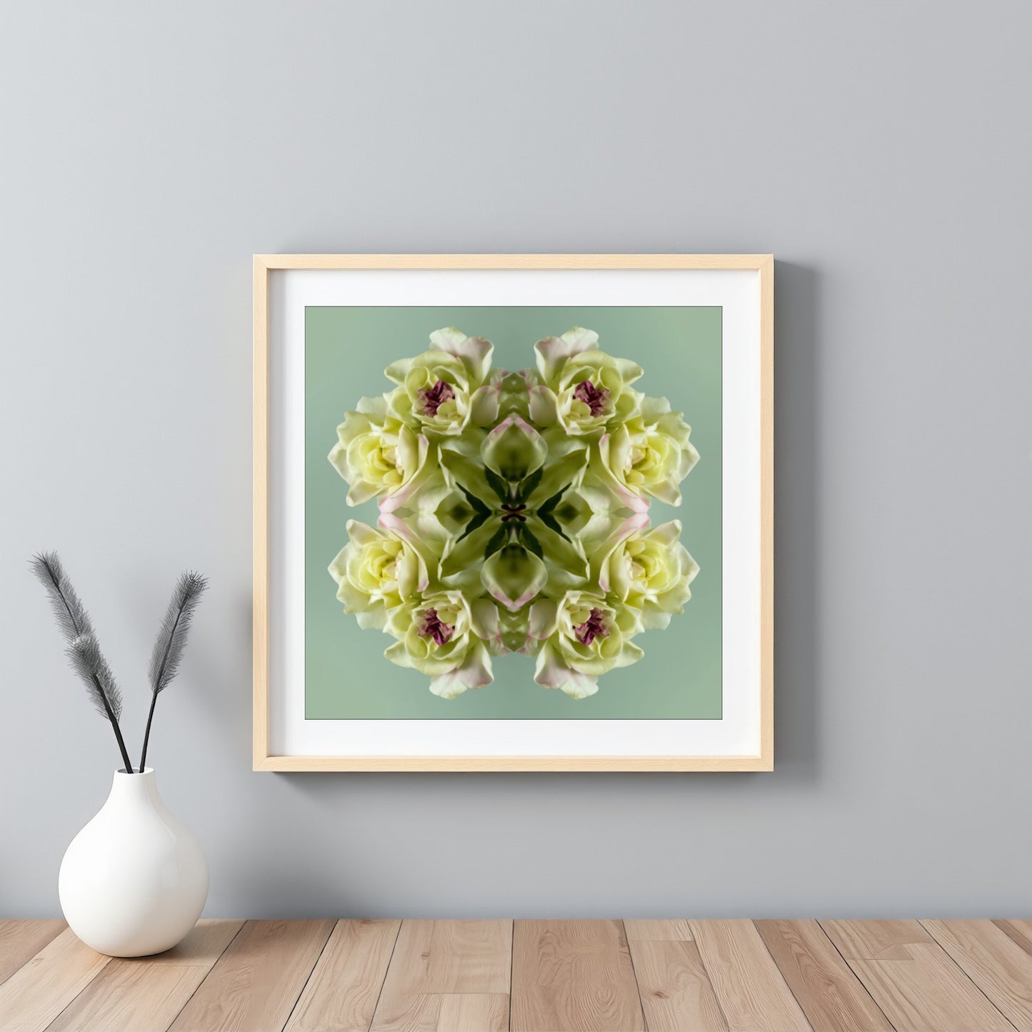 Green Floral Harmony print – pastel green blooms in kaleidoscopic design, refreshing wall art framed white