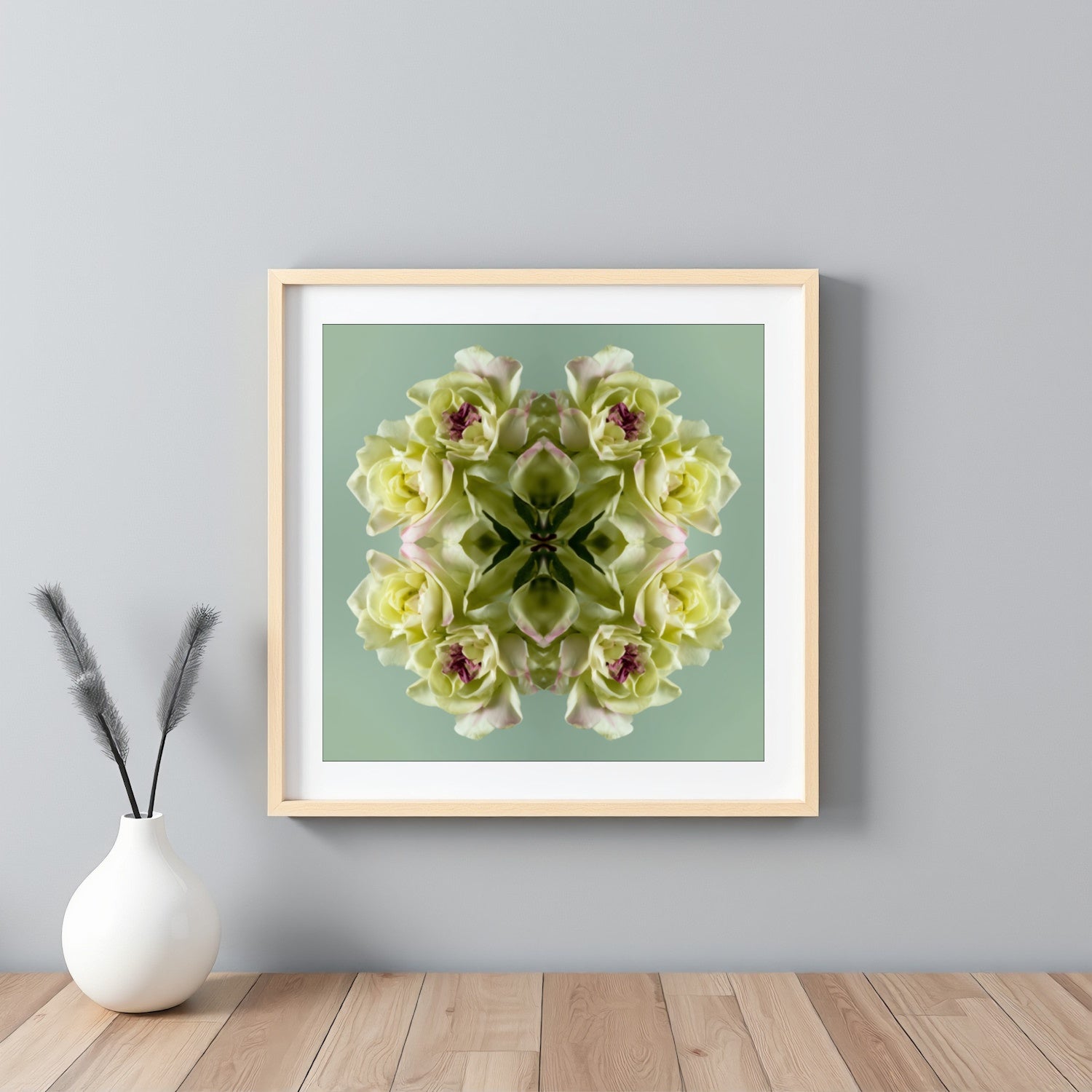 Green Floral Harmony print – pastel green blooms in kaleidoscopic design, refreshing wall art framed white