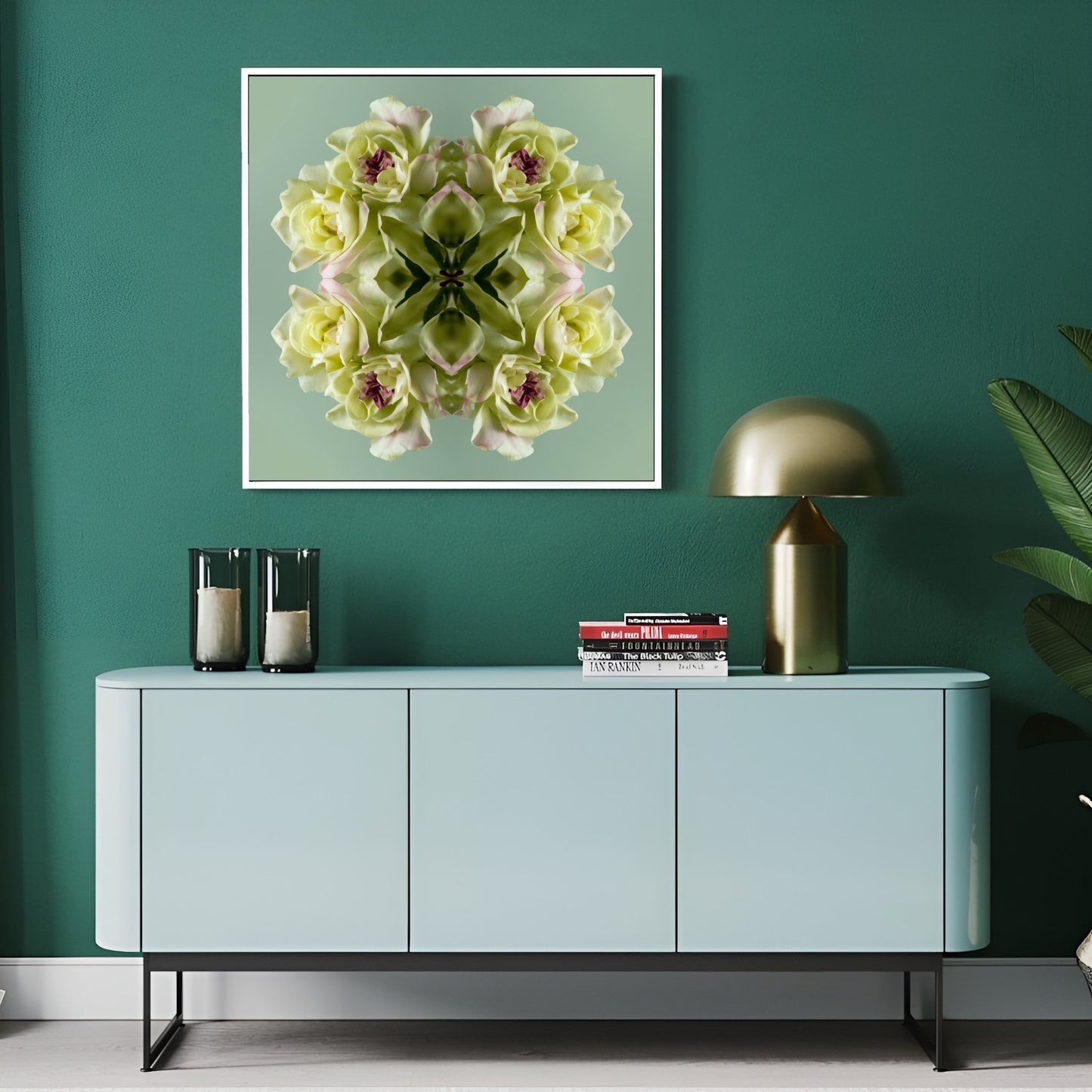 Green Floral Harmony print – pastel green blooms in kaleidoscopic design, refreshing wall art in modern hallway