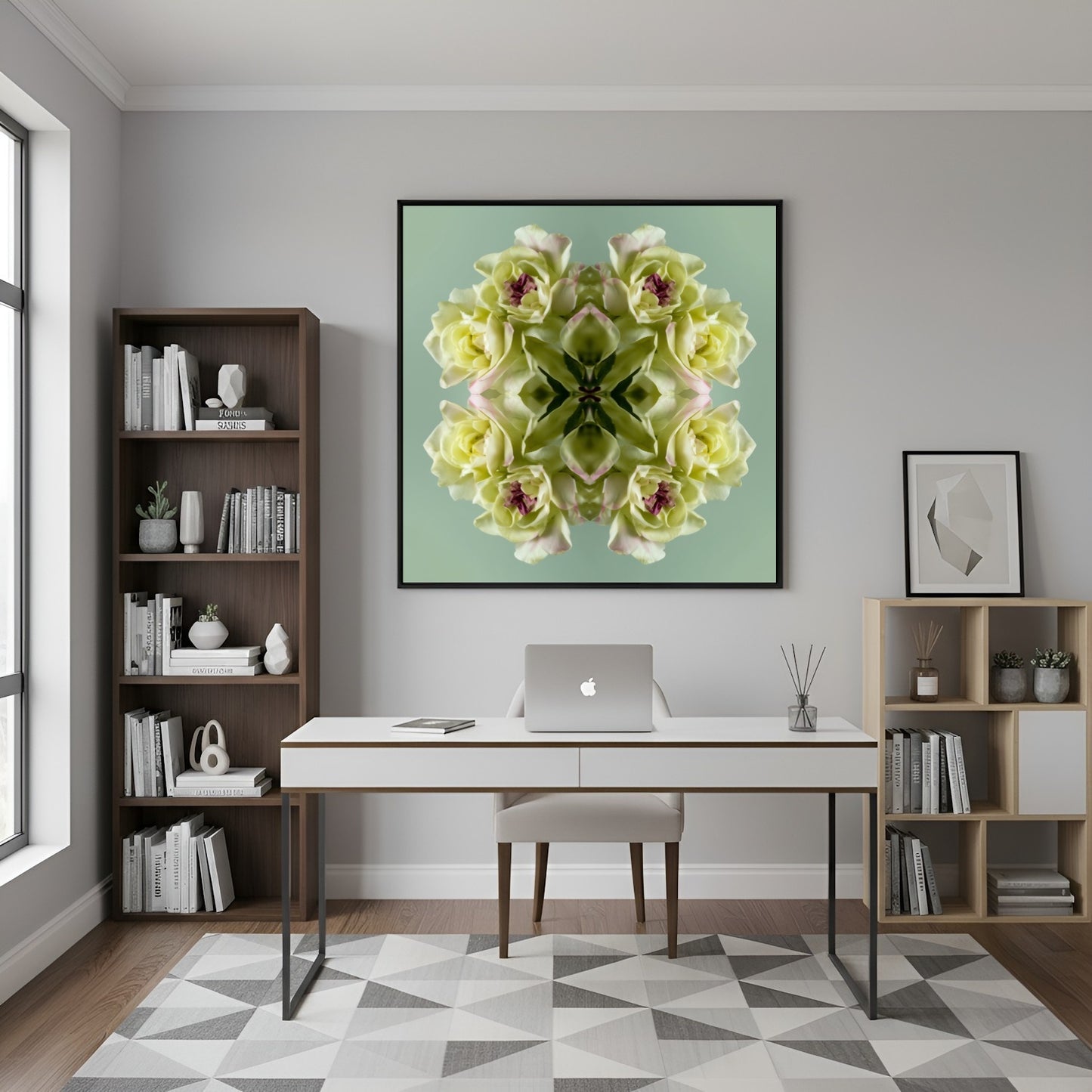 Green Floral Harmony print – pastel green blooms in kaleidoscopic design, refreshing wall art in home office
