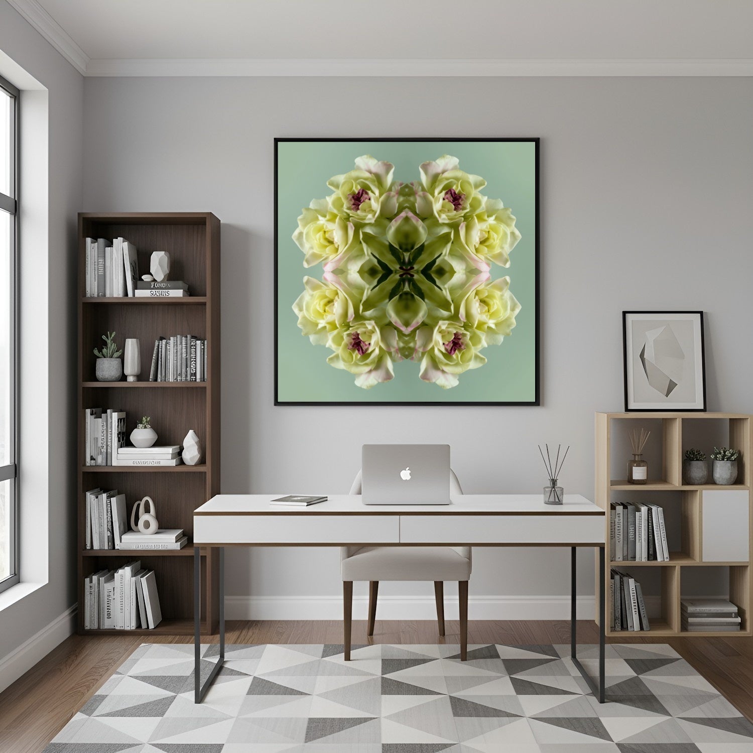 Green Floral Harmony print – pastel green blooms in kaleidoscopic design, refreshing wall art in home office