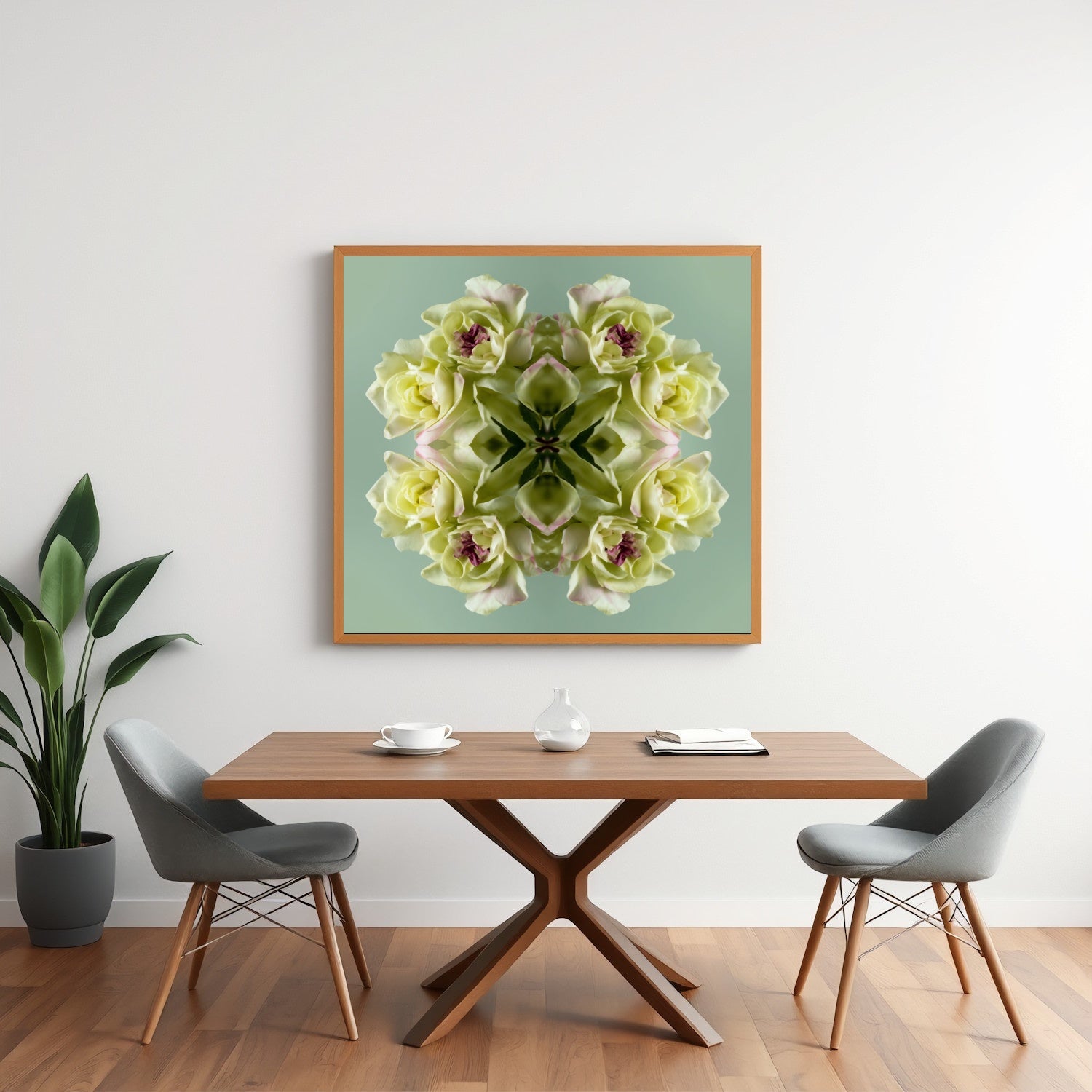 Green Floral Harmony print – pastel green blooms in kaleidoscopic design, refreshing wall art in minimalistic dining
