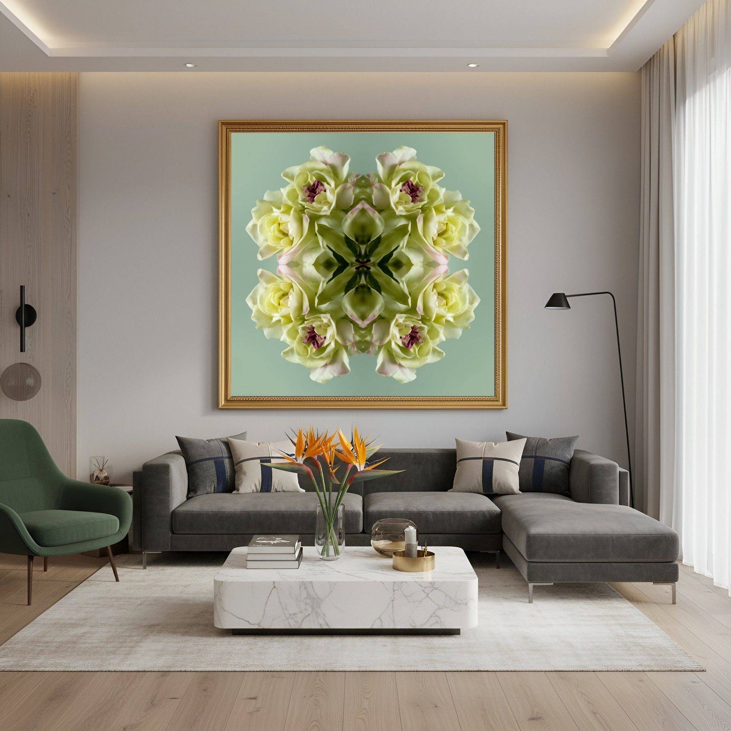 Green Floral Harmony print – pastel green blooms in kaleidoscopic design, refreshing wall art in modern living room