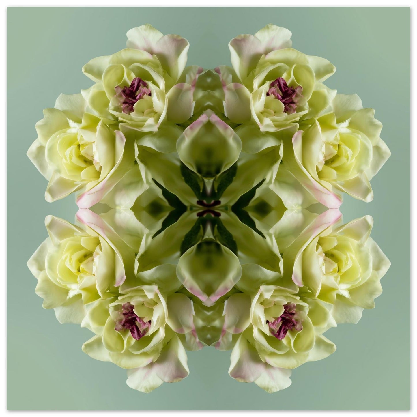 Green Floral Harmony print – pastel green blooms in kaleidoscopic design, refreshing wall art close up