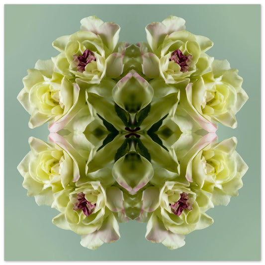 Green Floral Harmony print – pastel green blooms in kaleidoscopic design, refreshing wall art close up