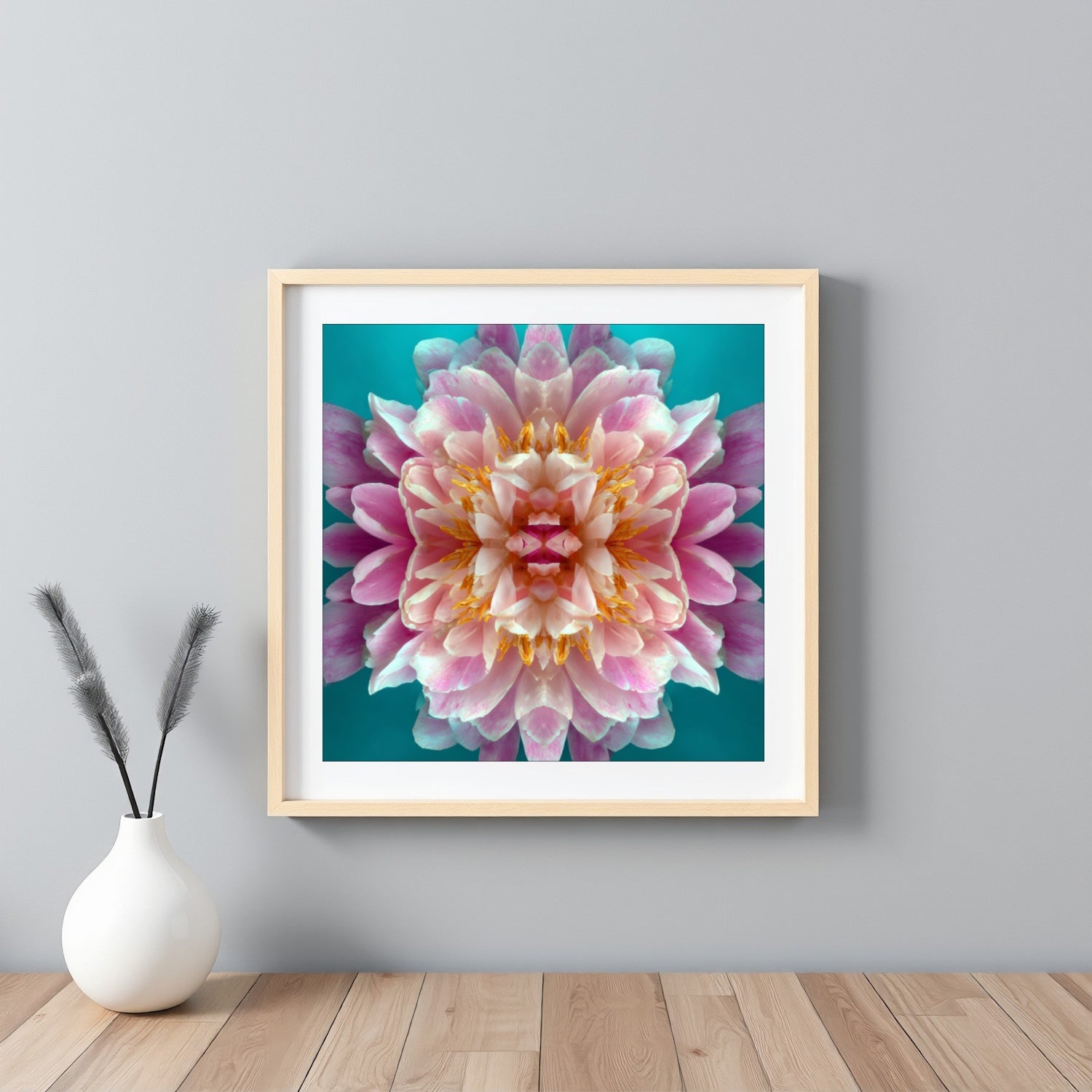 Peony in Aqua print – bold pink peonies on turquoise backdrop, striking floral artwork framed white