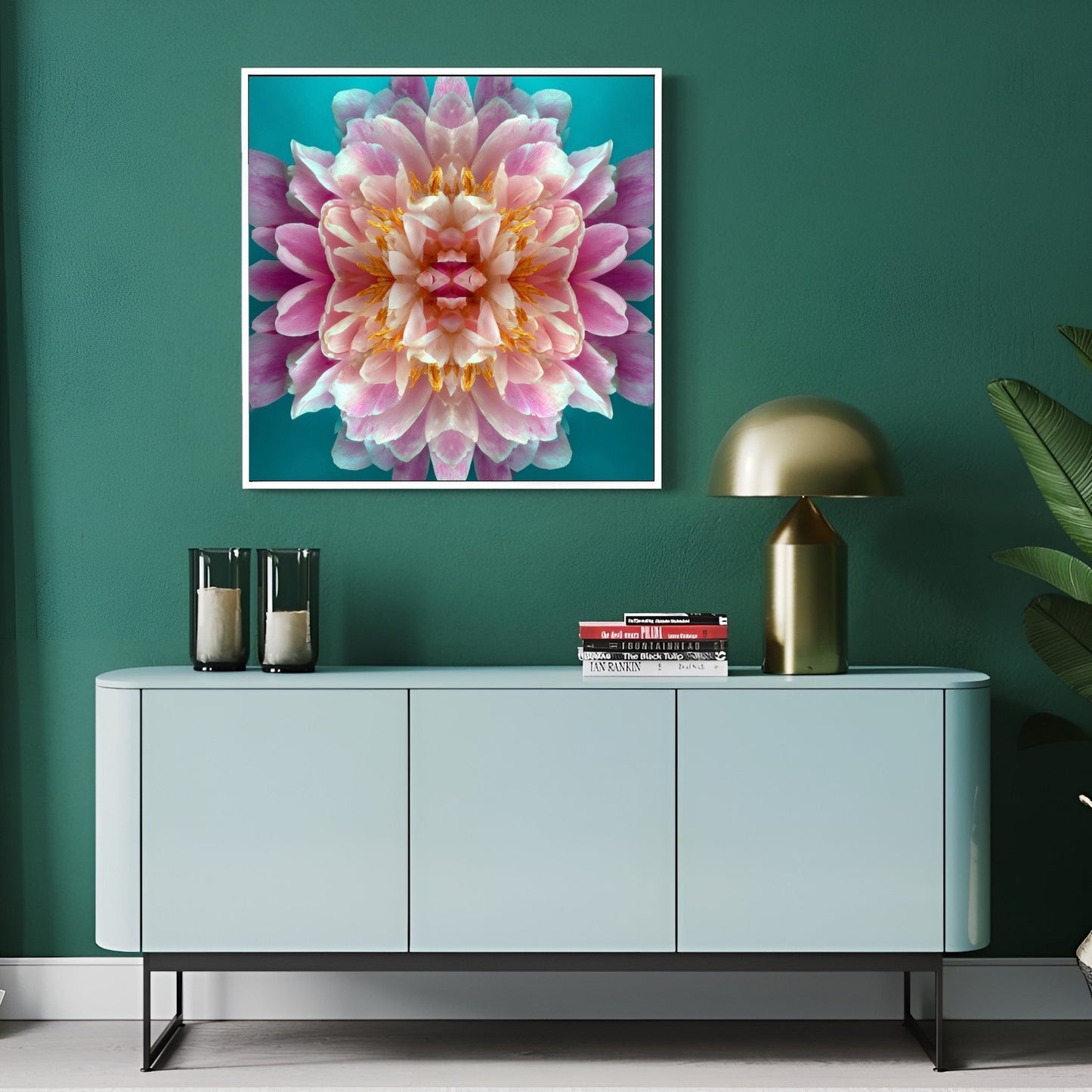Peony in Aqua print – bold pink peonies on turquoise backdrop, striking floral artwork in modern hallway