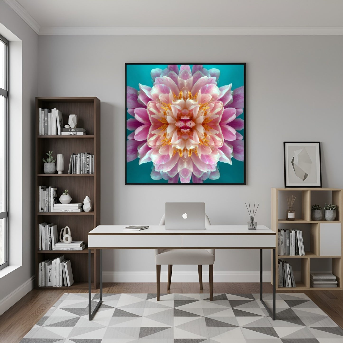 Peony in Aqua print – bold pink peonies on turquoise backdrop, striking floral artwork in home office