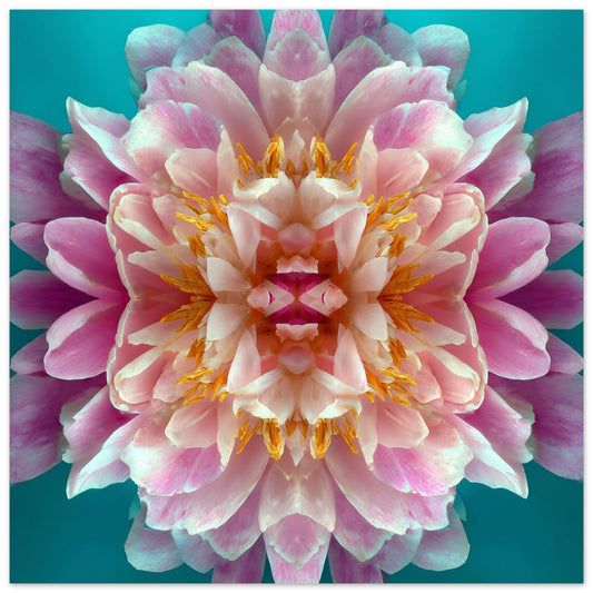 Peony in Aqua print – bold pink peonies on turquoise backdrop, striking floral artwork close up