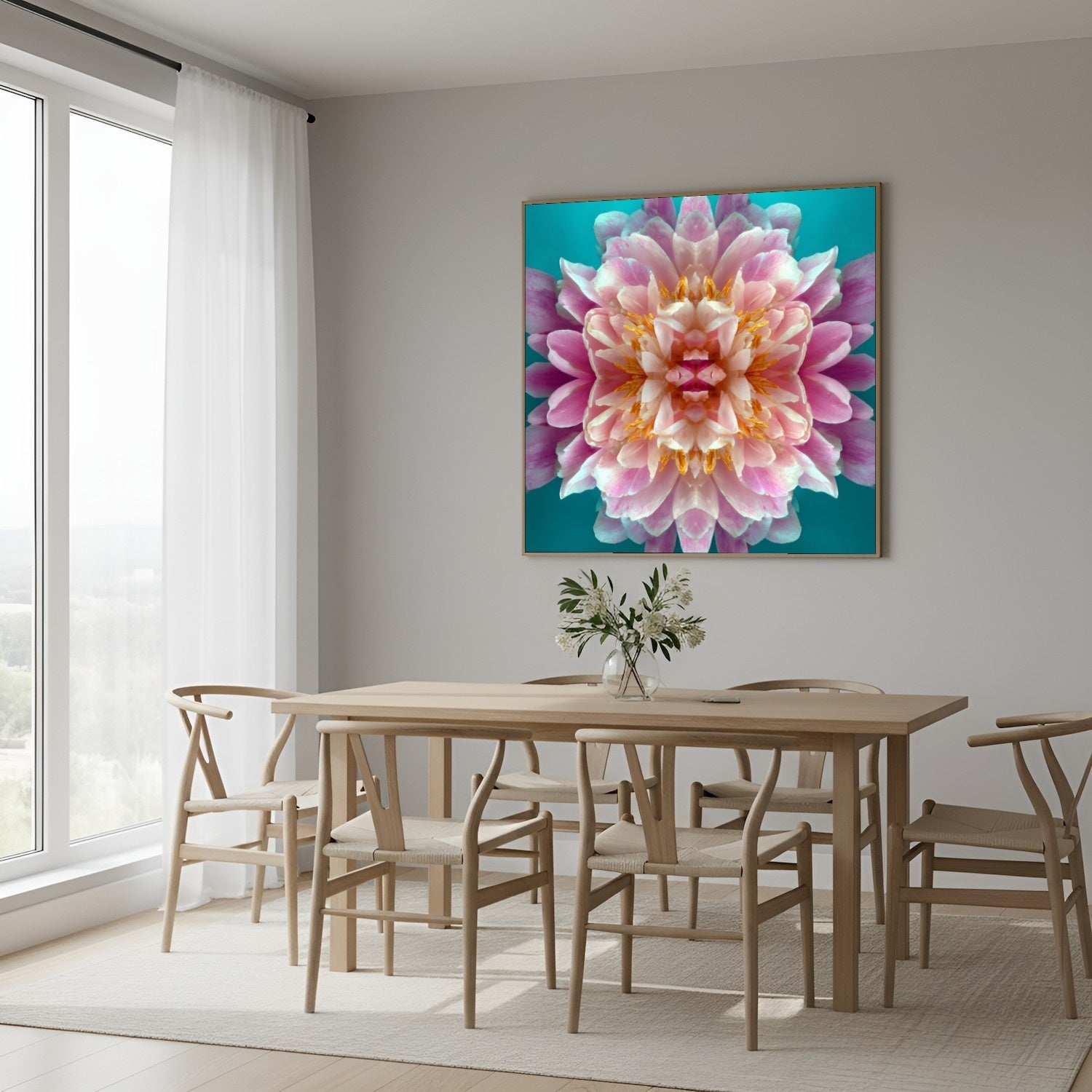 Peony in Aqua print – bold pink peonies on turquoise backdrop, striking floral artwork in Scandinavian dining room