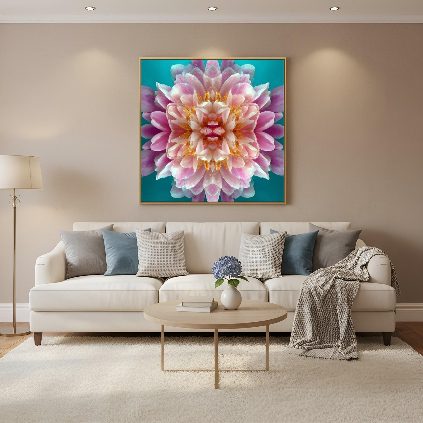 Peony in Aqua print – bold pink peonies on turquoise backdrop, striking floral artwork in Scandinavian living room