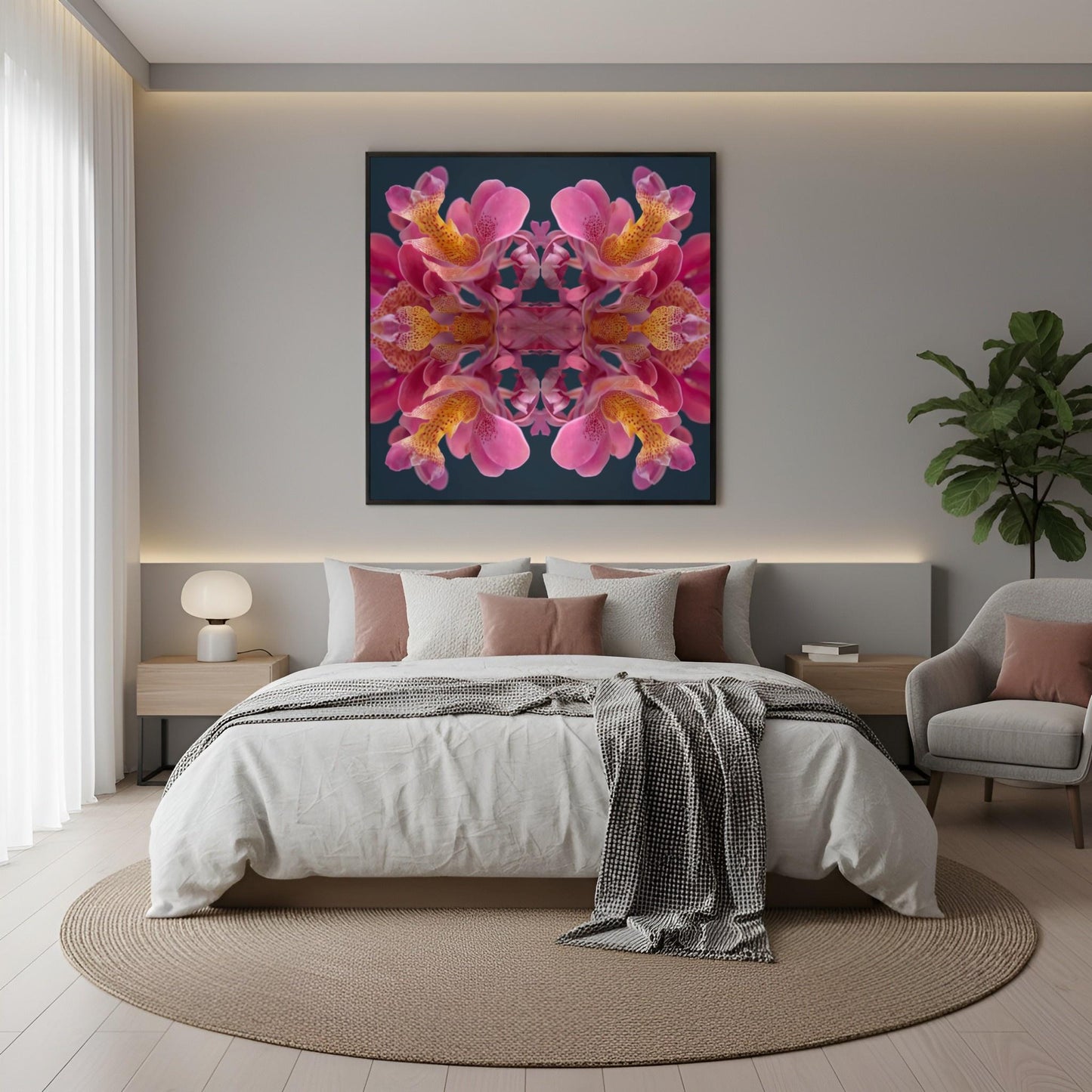 Pink Orchid Reflection print – lush magenta orchid blossoms mirrored in bold symmetry, tropical floral art in boho bedroom