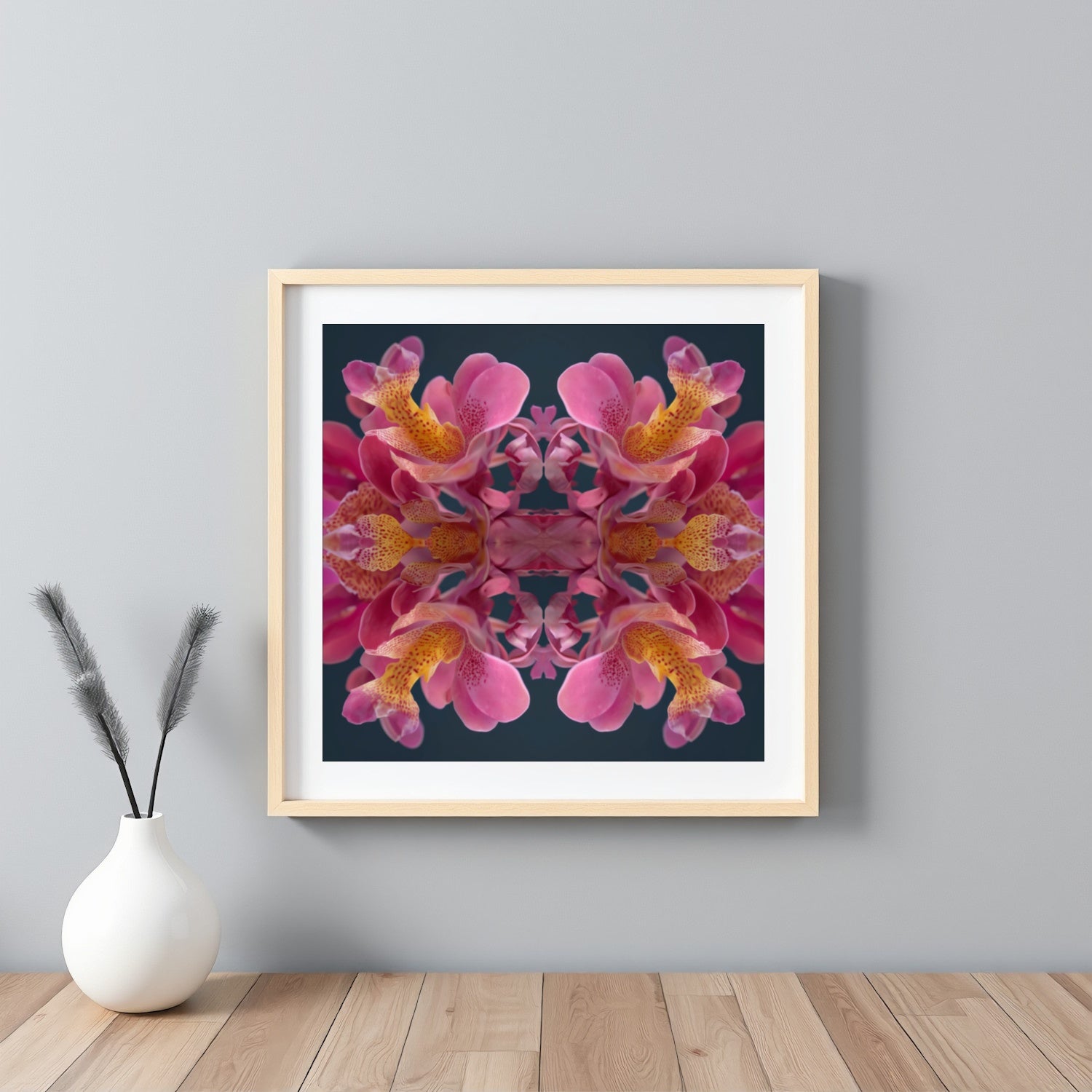 Pink Orchid Reflection print – lush magenta orchid blossoms mirrored in bold symmetry, tropical floral art framed black
