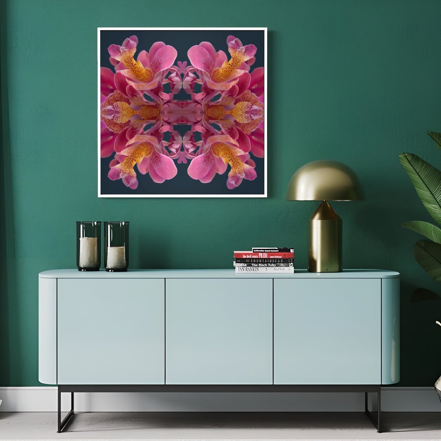 Pink Orchid Reflection print – lush magenta orchid blossoms mirrored in bold symmetry, tropical floral art in modern hallway