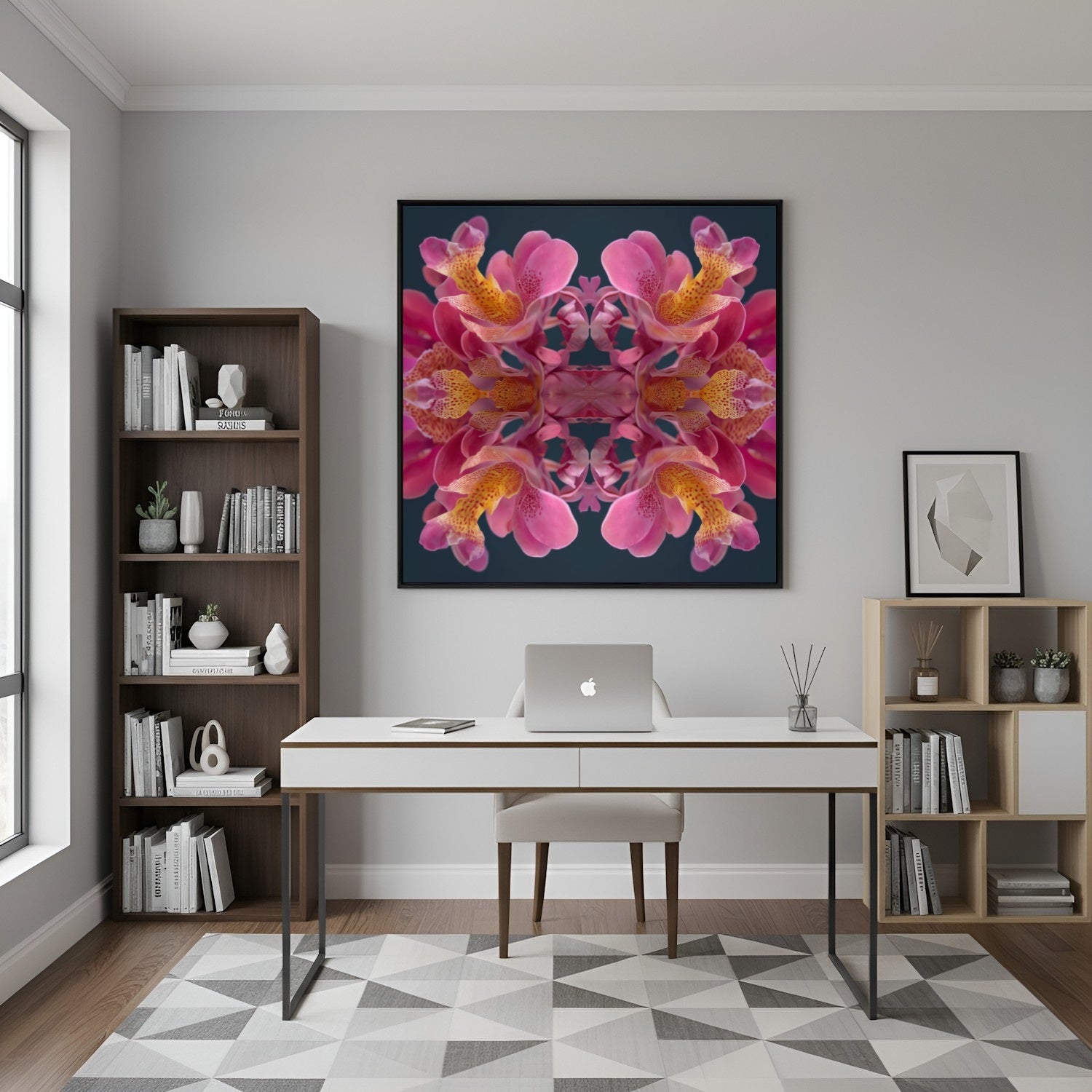 Pink Orchid Reflection print – lush magenta orchid blossoms mirrored in bold symmetry, tropical floral art in home office