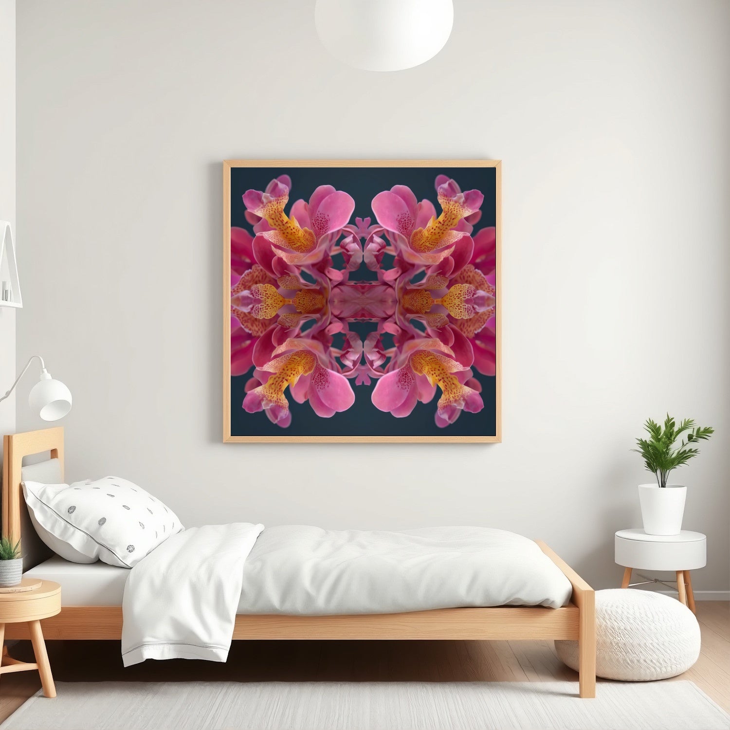 Pink Orchid Reflection print – lush magenta orchid blossoms mirrored in bold symmetry, tropical floral art  in kids room