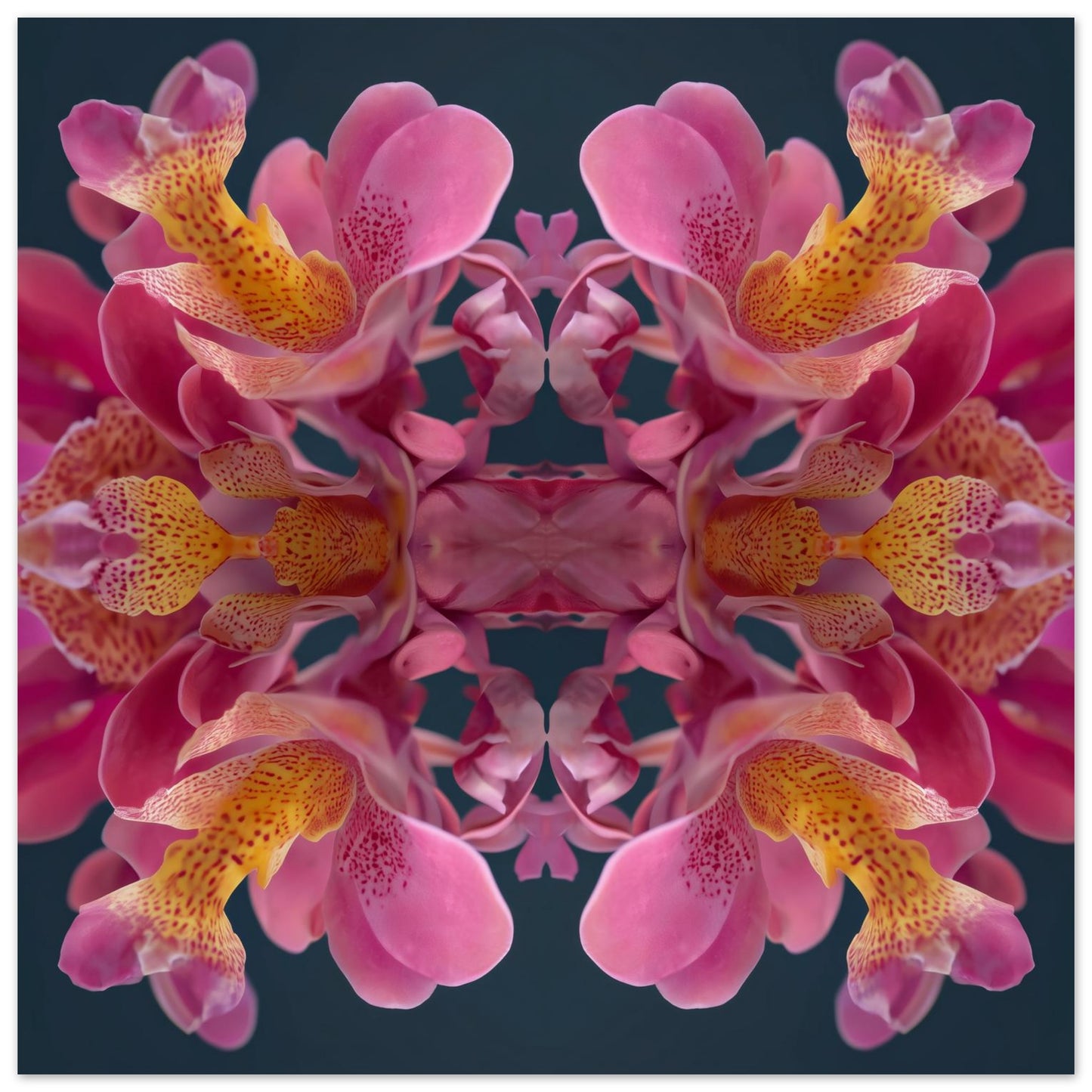 Pink Orchid Reflection print – lush magenta orchid blossoms mirrored in bold symmetry, tropical floral art close up