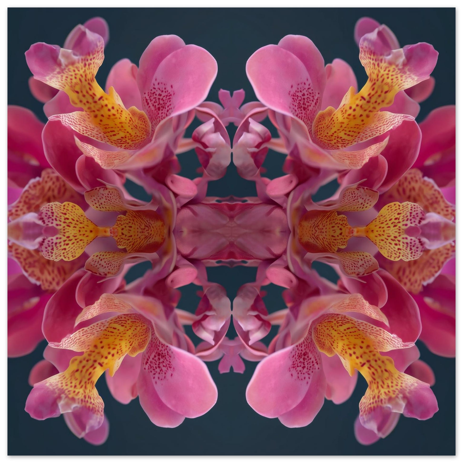 Pink Orchid Reflection print – lush magenta orchid blossoms mirrored in bold symmetry, tropical floral art close up