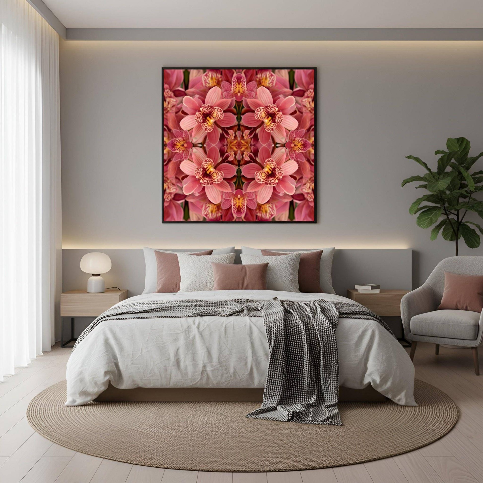 Floral Reflection orchid wall art print with mirrored botanical design, geometric symmetry, modern and minimalist décor in boho bedroom