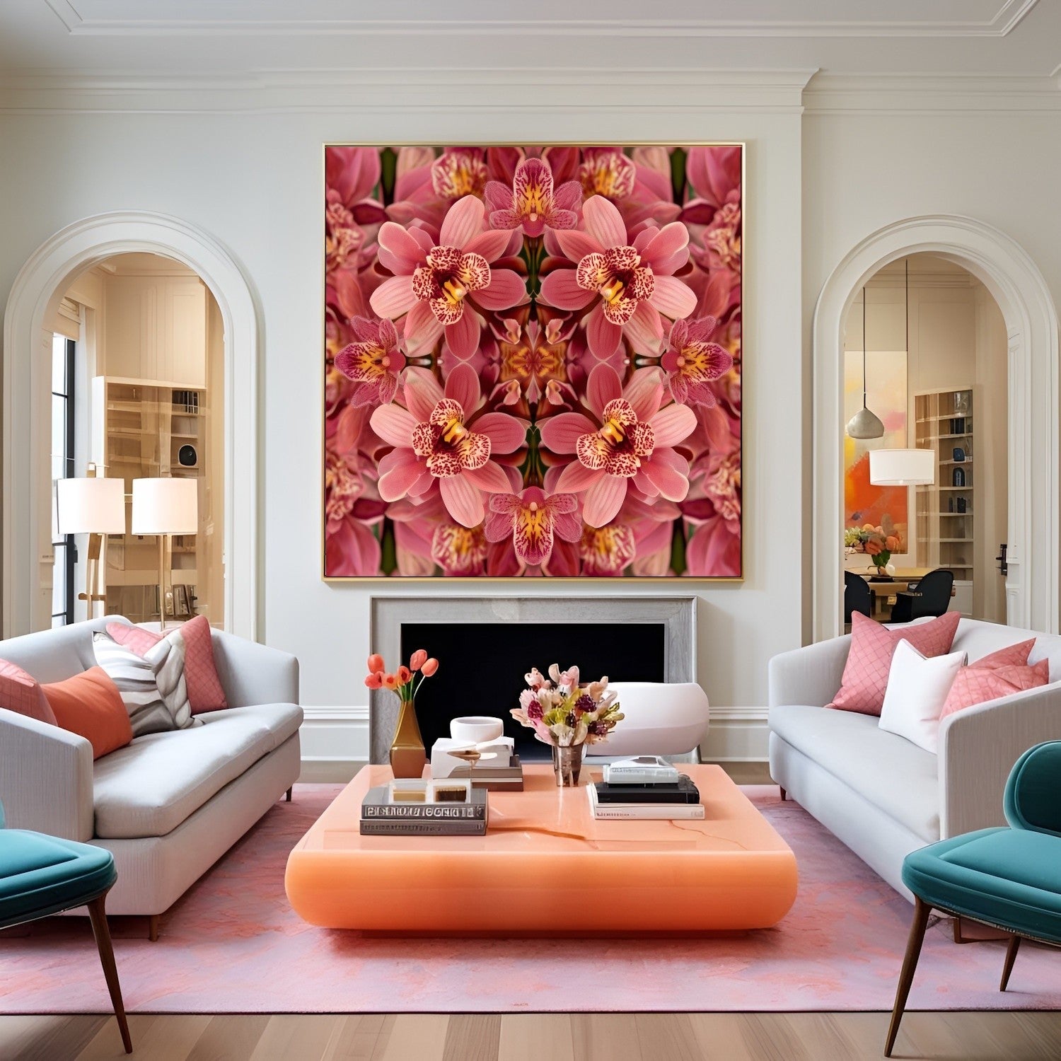 Floral Reflection orchid wall art print with mirrored botanical design, geometric symmetry, modern and minimalist décor in eclectic lounge