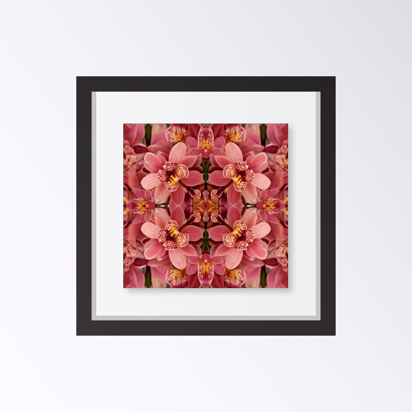 Floral Reflection orchid wall art print with mirrored botanical design, geometric symmetry, modern and minimalist décor framed black