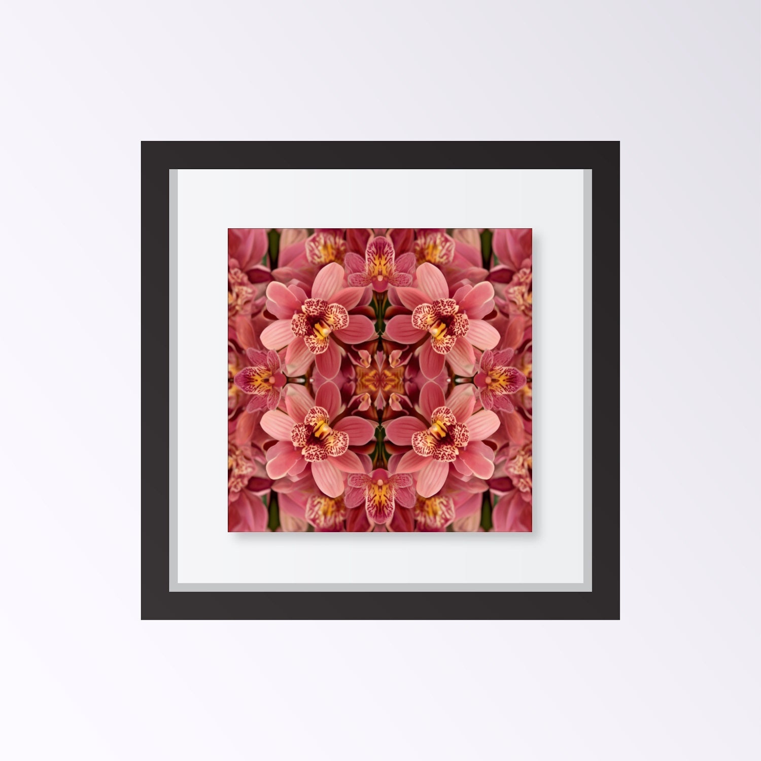 Floral Reflection orchid wall art print with mirrored botanical design, geometric symmetry, modern and minimalist décor framed black