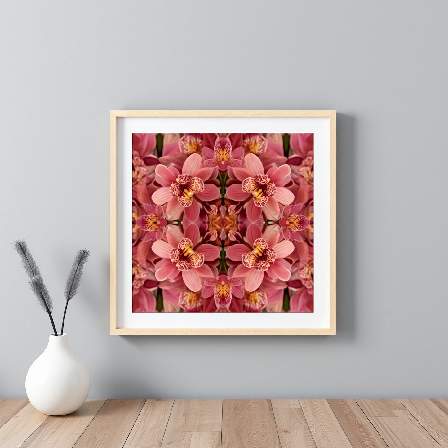 Floral Reflection orchid wall art print with mirrored botanical design, geometric symmetry, modern and minimalist décor framed white