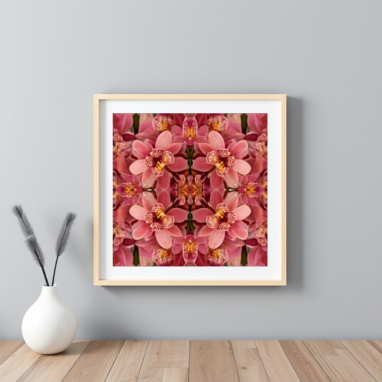 Floral Reflection orchid wall art print with mirrored botanical design, geometric symmetry, modern and minimalist décor framed white