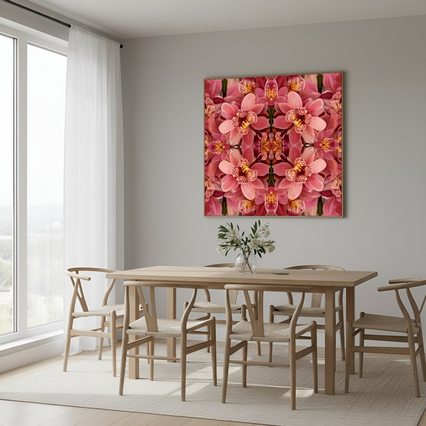 Floral Reflection orchid wall art print with mirrored botanical design, geometric symmetry, modern and minimalist décor in Scandinavian dining room