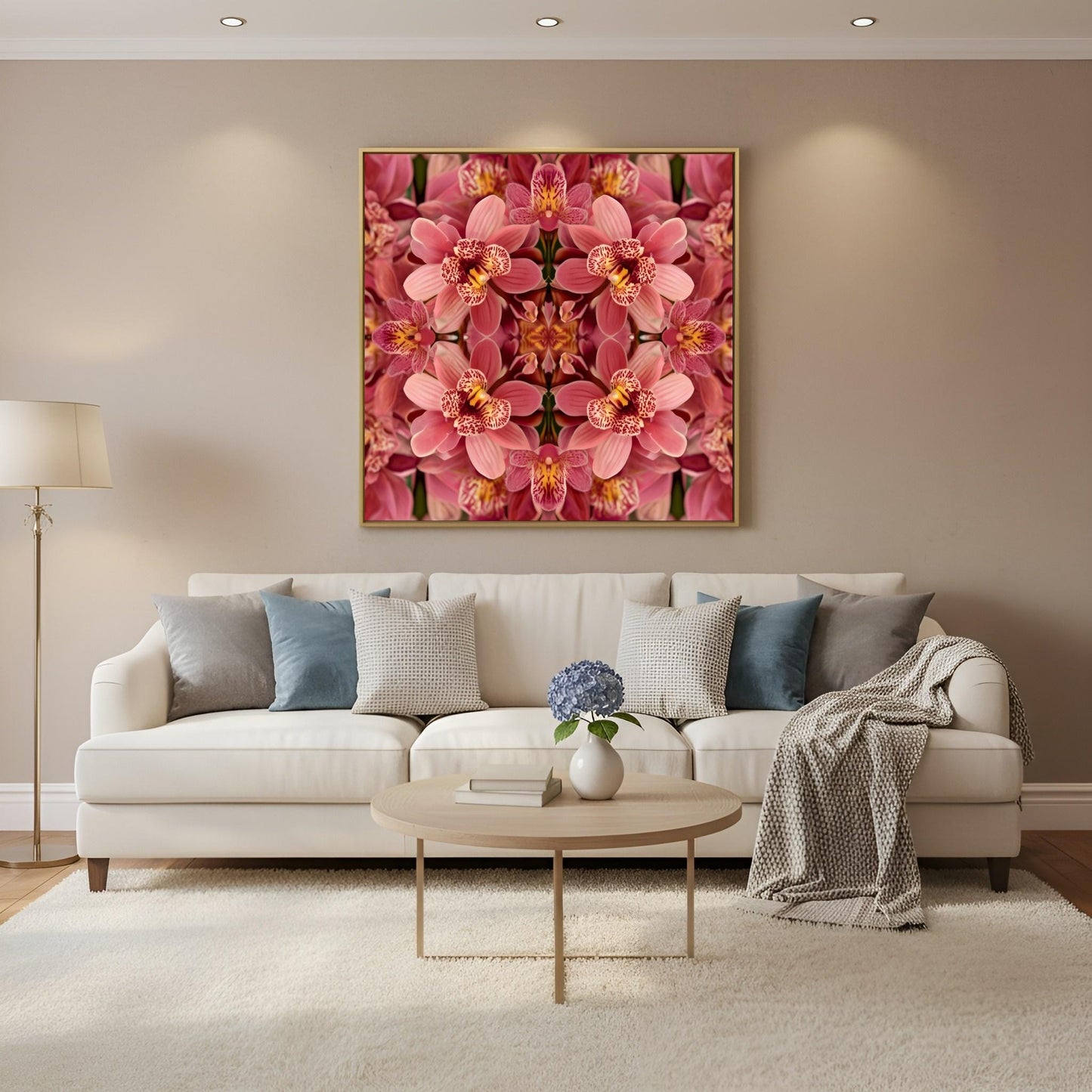 Floral Reflection orchid wall art print with mirrored botanical design, geometric symmetry, modern and minimalist décor in Scandinavian living room