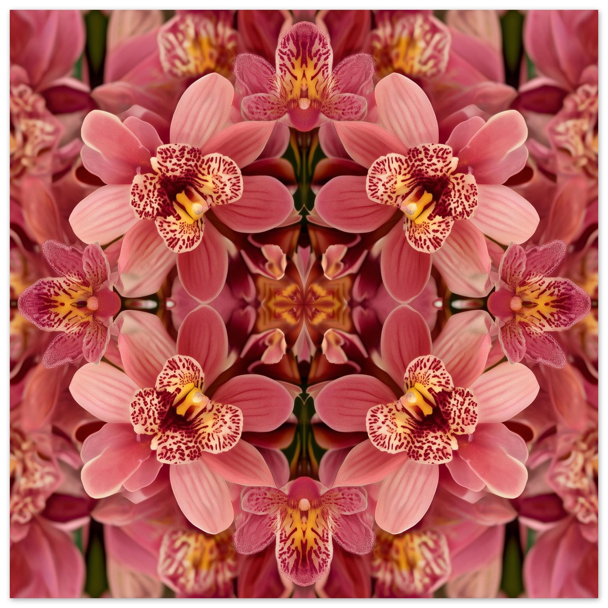 Floral Reflection orchid wall art print with mirrored botanical design, geometric symmetry, modern and minimalist décor close up