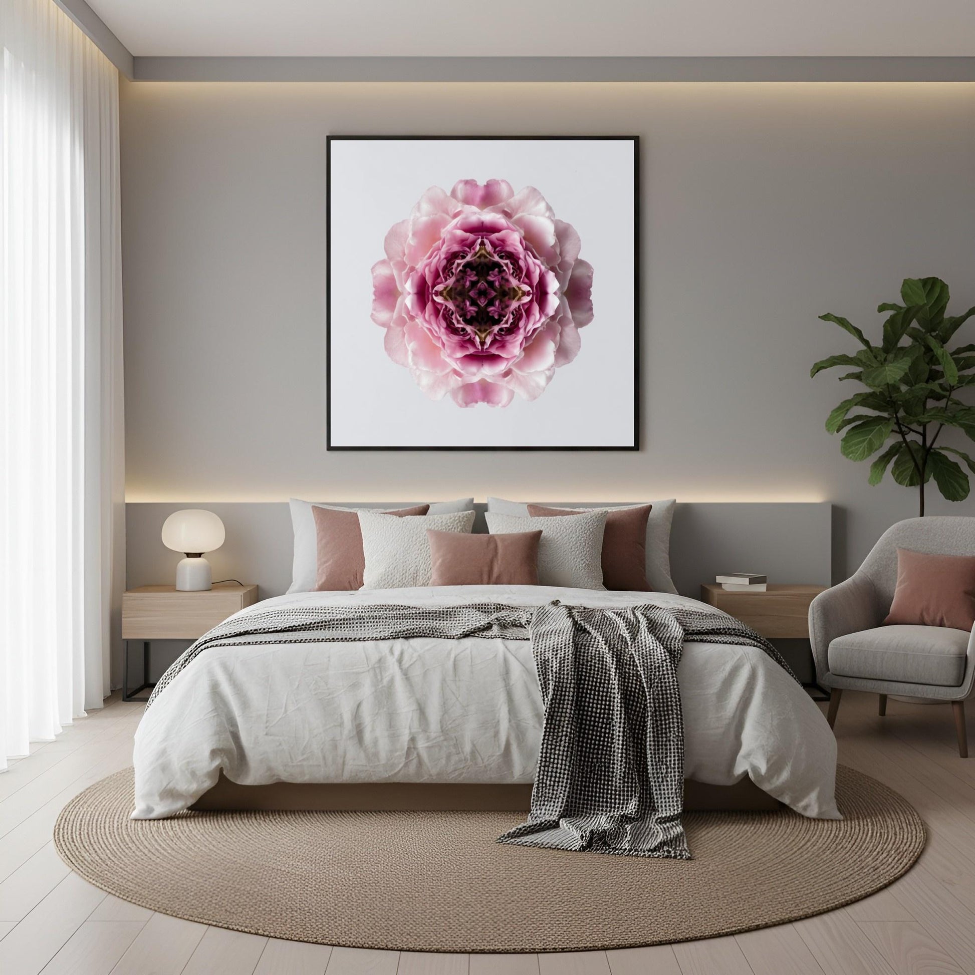 Blush Rose print – delicate pink layered petals in symmetry, romantic floral wall art for boho bedroom