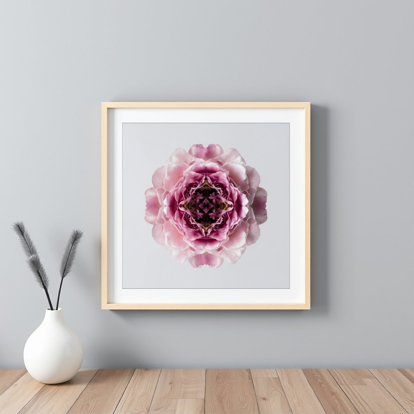Blush Rose print – delicate pink layered petals in symmetry, romantic floral wall art framed white
