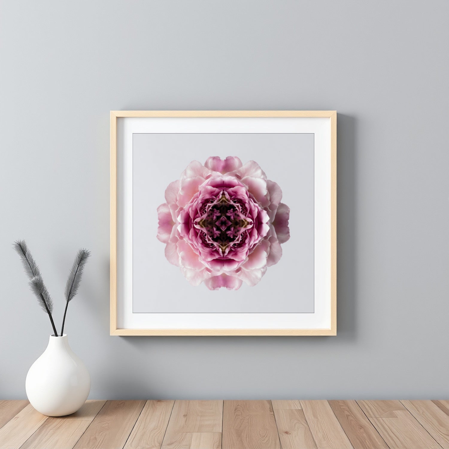 Blush Rose print – delicate pink layered petals in symmetry, romantic floral wall art framed white