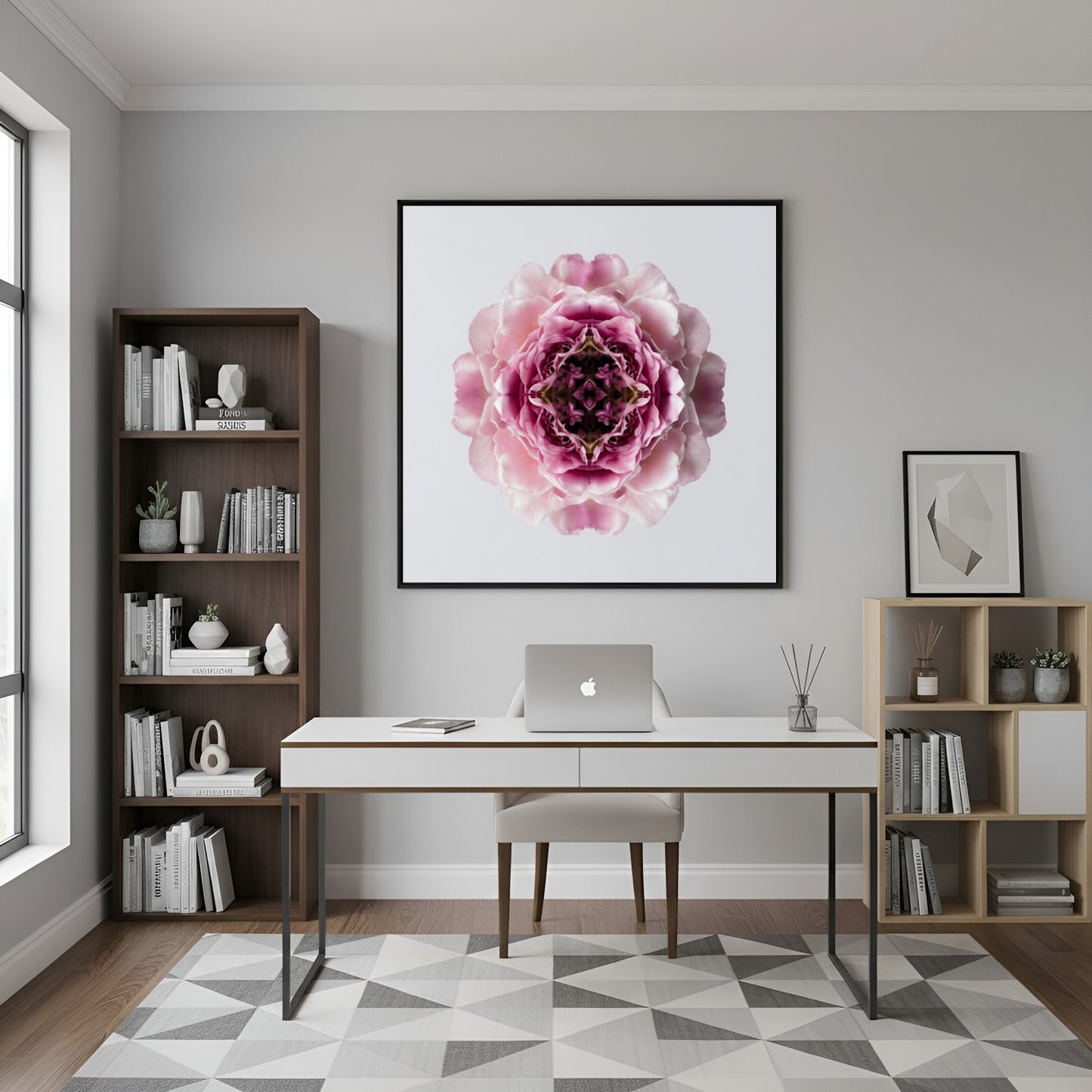 Blush Rose print – delicate pink layered petals in symmetry, romantic floral wall art for modern office