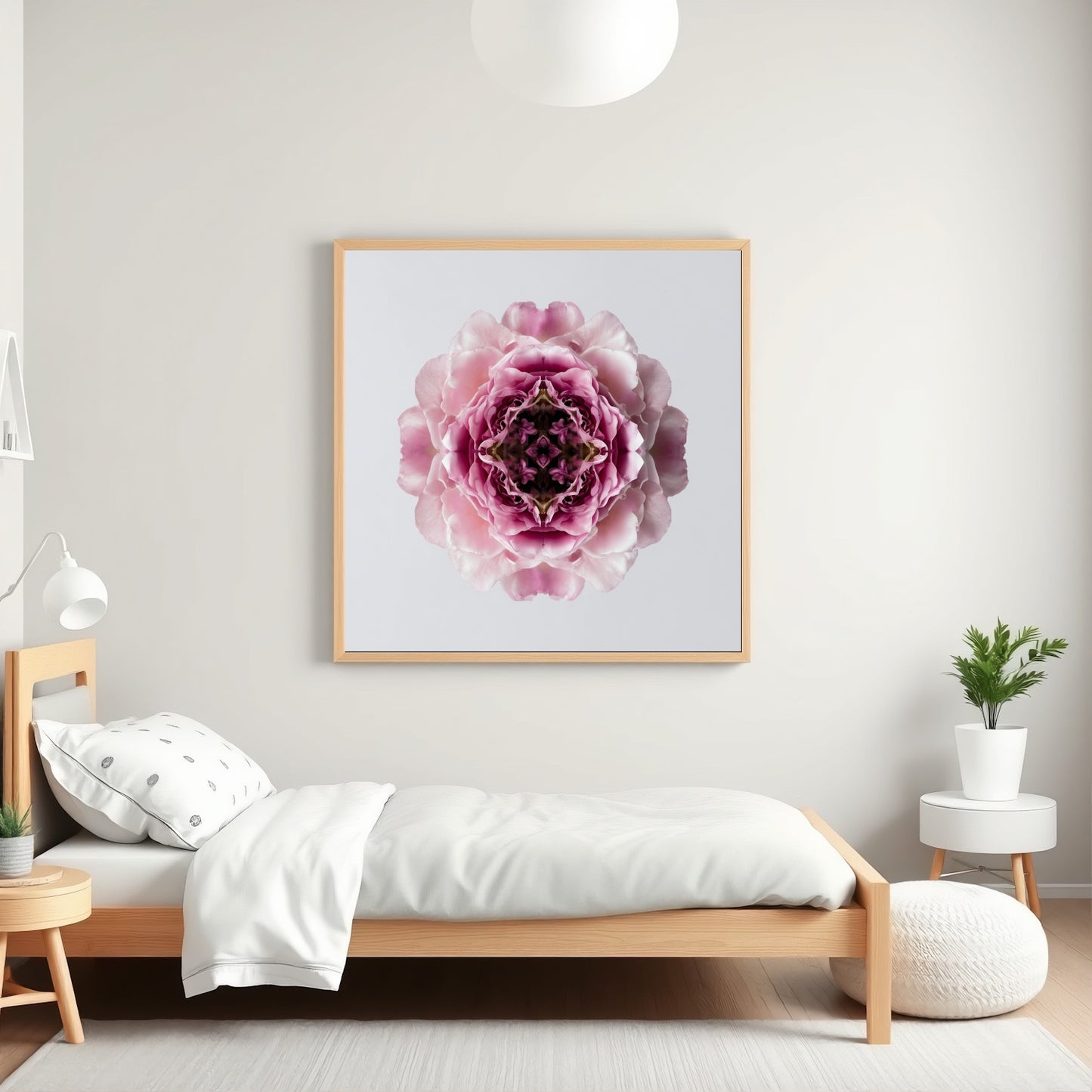 Blush Rose print – delicate pink layered petals in symmetry, romantic floral wall art for kids room