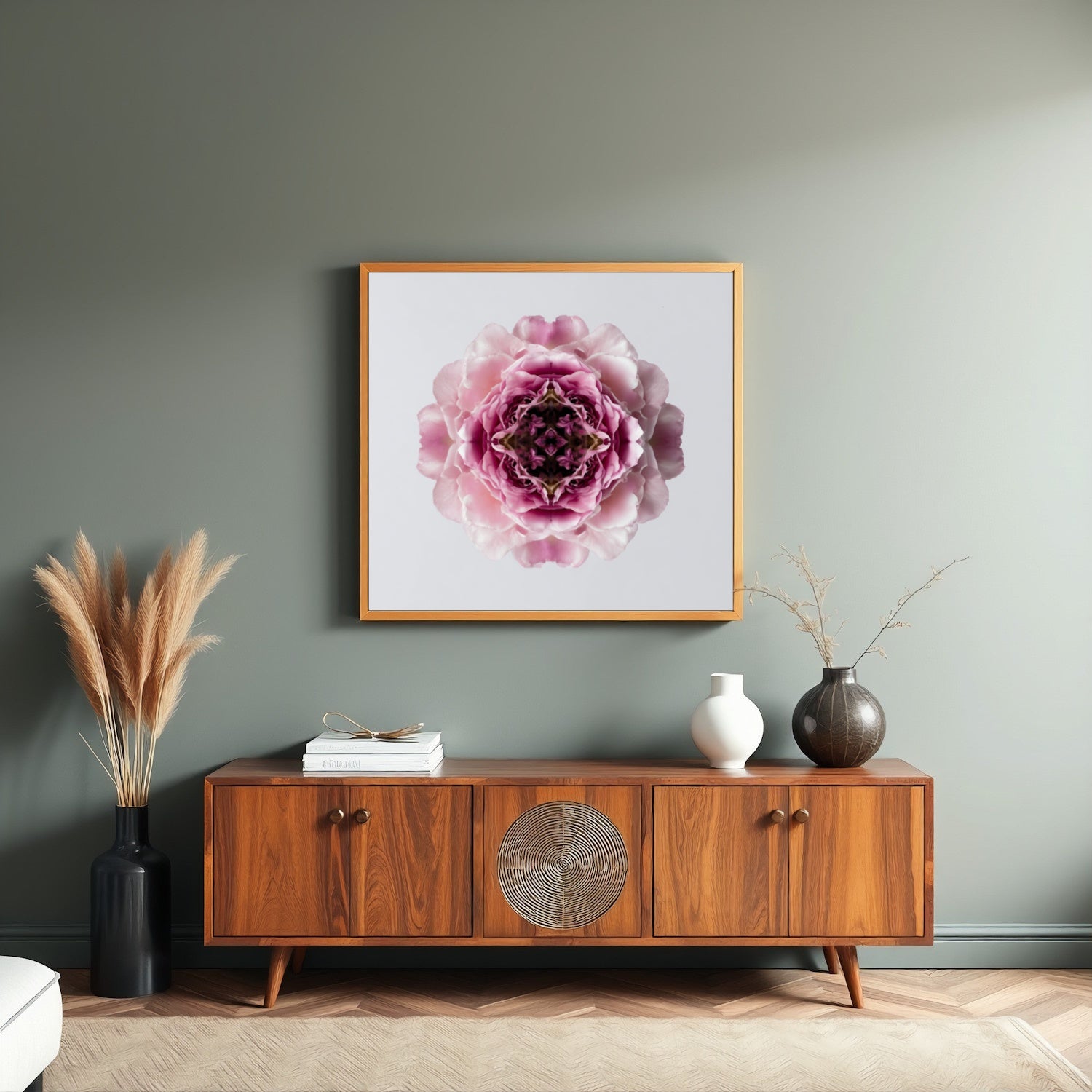 Blush Rose print – delicate pink layered petals in symmetry, romantic floral wall art for living room