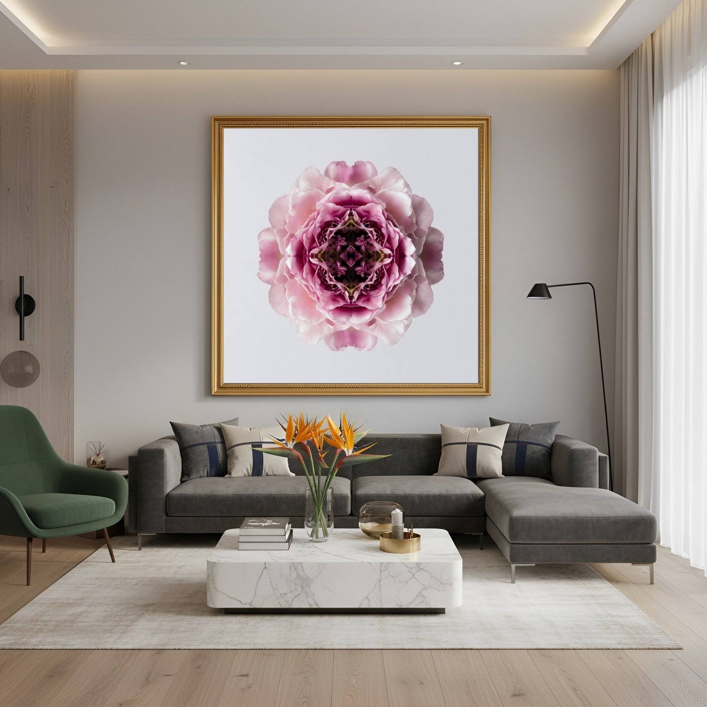 Blush Rose print – delicate pink layered petals in symmetry, romantic floral wall art for modern living