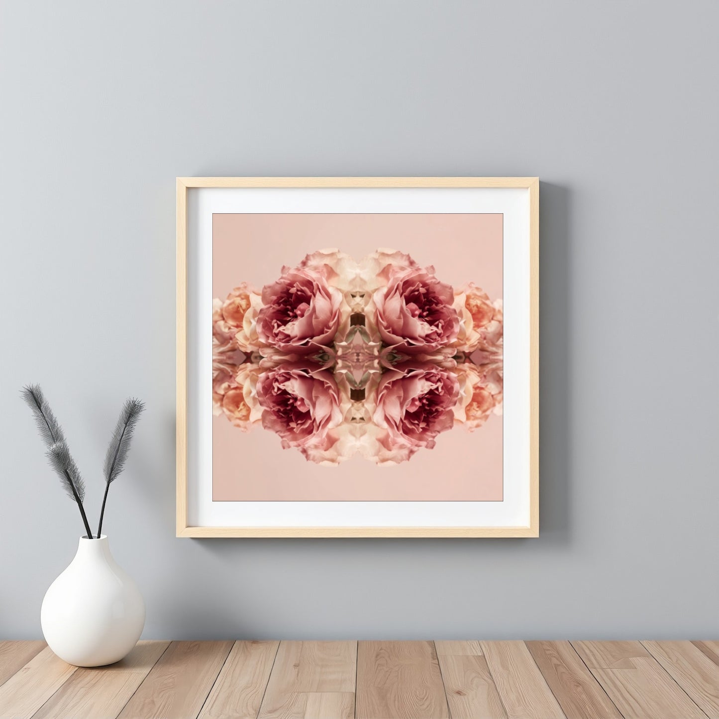 Rose Reflection art print with mirrored blush roses, modern botanical wall decor framed white
