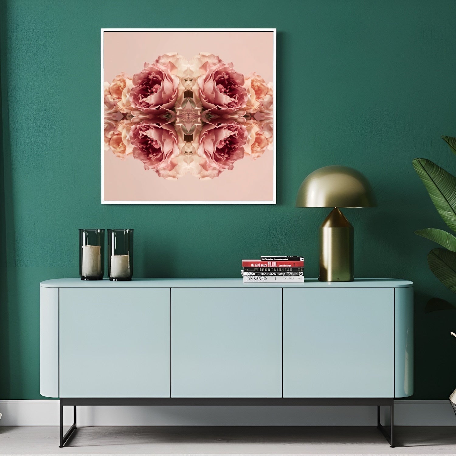 Rose Reflection art print with mirrored blush roses, modern botanical wall decor in modern hallway