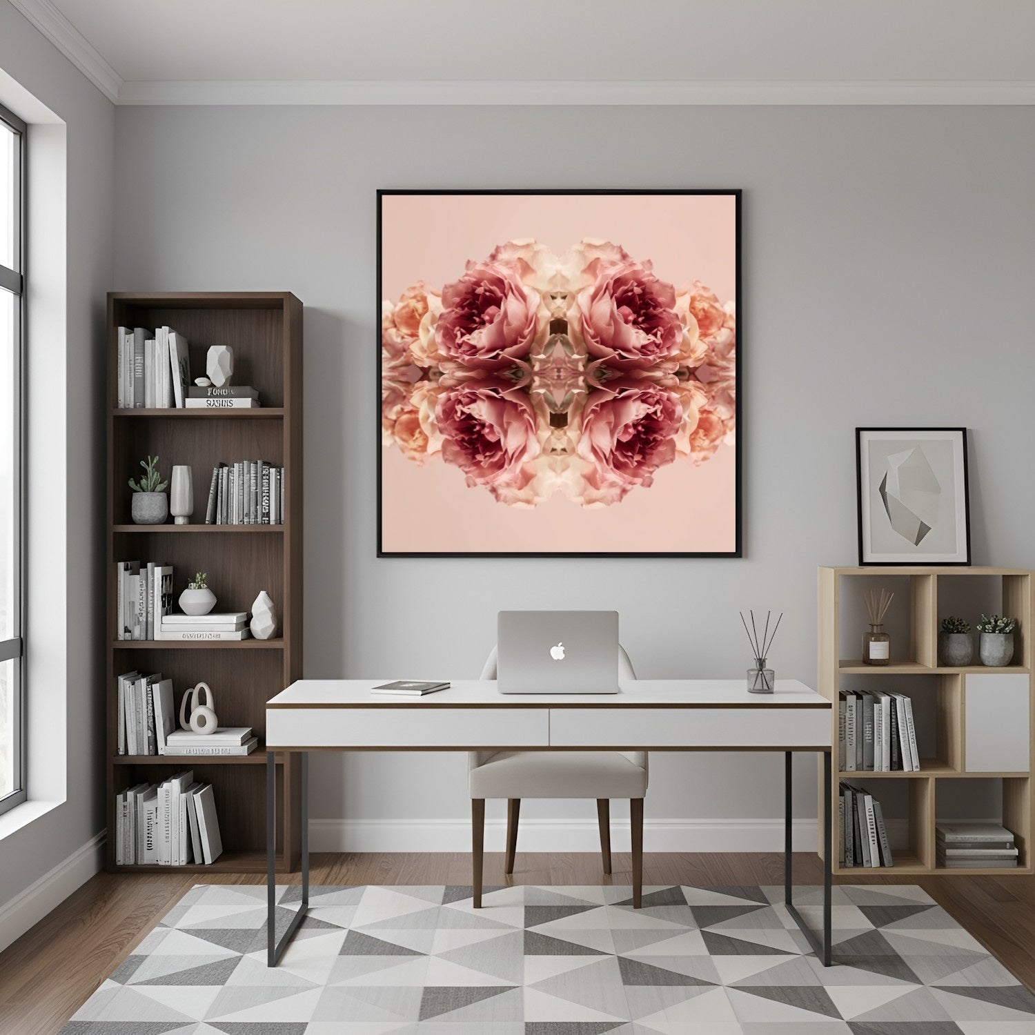 Rose Reflection art print with mirrored blush roses, modern botanical wall decor in home office