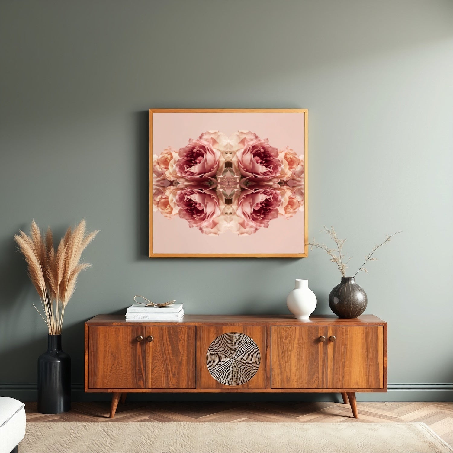 Rose Reflection art print with mirrored blush roses, modern botanical wall decor in living room